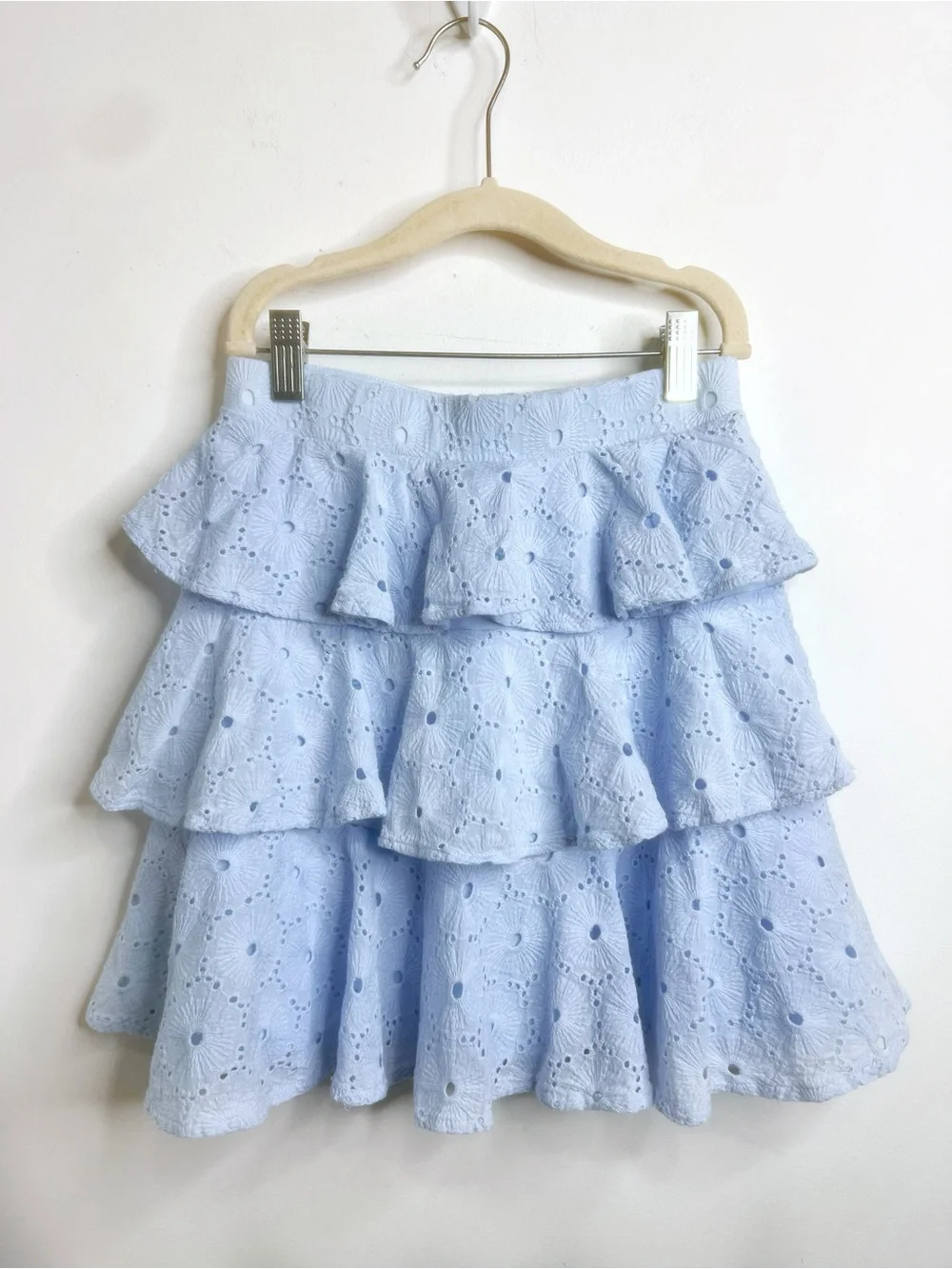 Miss Behave TIA Tie Sleeves Eyelet Tiered Skirt Size 12 Lt Blue